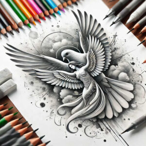 Dove and winged-woman tattoo in black and grey; visible elements: dove, wing, dress, clouds, ink; project; cover-up ready.