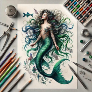 Mermaid illustration on white paper with teal-green scales and flowing multicolor hair; visible objects include pencil, compass, case, ink, brush; AI-generated tattoo project concept; full color.