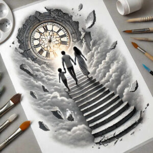 Concept project: Two silhouettes ascend a stairway into cloudscape under a vintage clock; black and grey tattoo design idea.