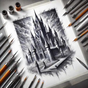 Castle on paper in black and grey with clouds and drawing tools; tattoo design idea; not a cover-up.