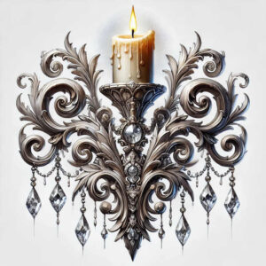 Candle atop an ornate chandelier with crystal drops in black and grey; tattoo project idea, suitable for cover-up.