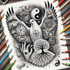 Center dove, hand, tree in palm, yin-yang circle, compass rose, clock, mountains; black and grey project, cover-up suitable.