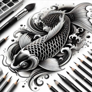 Koi fish tattoo design in black and grey with flowing waves and decorative swirls; pencil sketches around, project idea, cover-up ready.