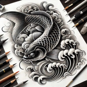 Koi fish and waves on white paper, drawn in black and grey pencils; visible pencils and sketch paper; AI-generated tattoo project, suitable for a cover-up.