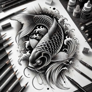 Dragon head with flowing scales in black and grey; tattoo design project suitable for cover-up pattern.