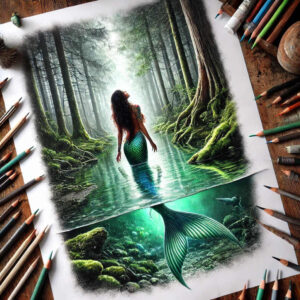 Mermaid with green tail rises from a water-filled forest scene; full color, wooded stream, trees, moss, rocks; tattoo design idea.