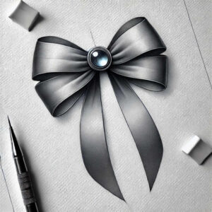 Bow, gem, pen nib, and clips on textured surface in black and grey; tattoo project idea; suitable for a cover-up.