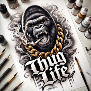 Gorilla head in black and grey ink with a gold chain, Thug Life script; tattoo design concept, a project suitable for a cover-up.