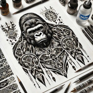 Gorilla head with dreamcatcher rings and feathers in black and grey; cover-up friendly tattoo idea