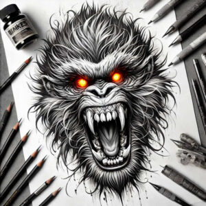 Dark, realistic wolf head tattoo design in black and grey with orange eyes, surrounded by ink bottle and pencils; perfect cover-up project.