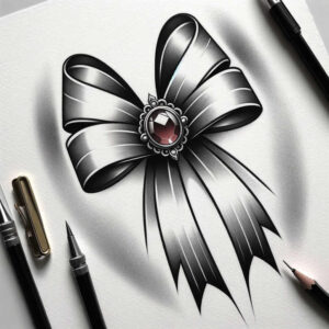 Black and grey ribbon bow with jeweled center on white paper, surrounded by pencil, pen, clip, and sharpener; AI-generated tattoo project idea.