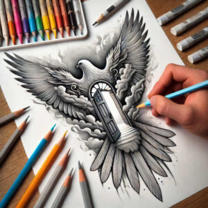 Dove in flight in black and grey with an open door at its chest, surrounded by clouds on paper; visible pencils and markers; project idea; suitable for cover-up.