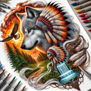 Colorful wolf head with Native American headdress, eagle in flight, pine forest, river, and waterfall; full color tattoo design concept, AI-generated project.