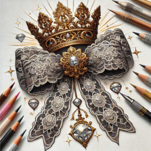 Crown in gold, black lace bow, crystal gems, and colored pencils; a tattoo design idea, suitable for a cover-up.