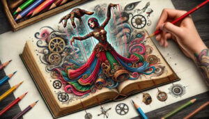 Colorful steampunk marionette illustration on an open book, showing a female figure in an ornate dress connected to mechanical gears, while a real hand sketches nearby.