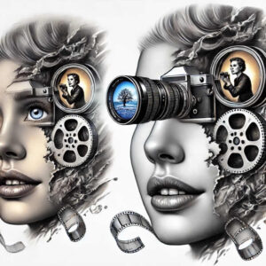 Two grayscale faces with cameras as eyes, lenses, film reels, curling film strips, and tree reflection in a lens; black and grey tattoo project; pattern-ready cover-up.