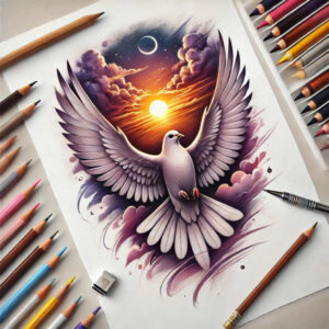 Dove with outstretched wings and bright sun behind, watercolor style on paper, surrounded by colored pencils; color tattoo design concept, not a cover-up.