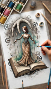 Full-color illustration of a woman in an ornate dress standing on an open book, a large pale hand above with strings and pattern-rich gears; AI-generated tattoo project; not a cover-up.