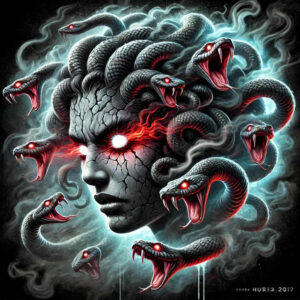 Cracked stone face; snakes with red eyes; smoky background. Black and grey palette. Tattoo project; cover-up suitable.