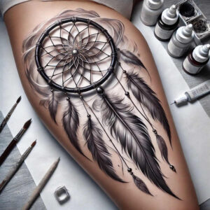 Dreamcatcher tattoo on leg in black and grey with hanging feathers; tattoo project, cover-up friendly.