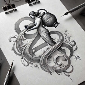 Black and grey tattoo design featuring a woman pouring water from a jug, with flowing ribbons and droplets; project idea, not ideal for cover-up.