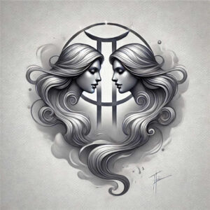 Two grayscale female faces in profile with flowing hair, circular Gemini glyph behind, black and grey tattoo design idea, suitable for a cover-up.