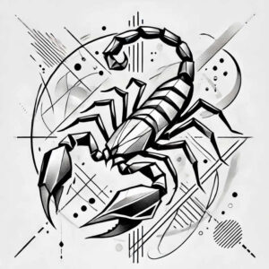 A black and grey geometric scorpion tattoo design with circles, lines, and dots on skin; AI-generated tattoo project; suitable for a cover-up.