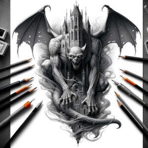 Gargoyle, castle, wing, and pencil in black and grey; tattoo concept; project idea; cover-up suitable.