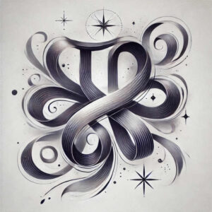 Ribbon knot design in black and grey with star accents on a white background; AI-generated tattoo project; suitable for a cover-up.