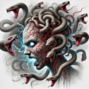 Medusa head with coiling snakes in grayscale cracked skin, electric blue eye, red veins and tongues; black and grey with color accents; project idea; cover-up ready.
