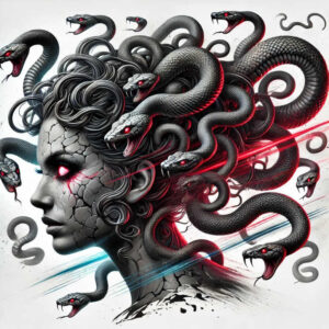 Head of a woman with cracked stone skin in black and grey tones, tangle of snakes with red eyes; AI-generated tattoo project; cover-up ready.