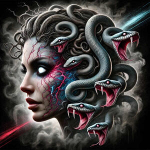 Head profile and face with blue-gray snakes and pink vein network; color tattoo project, suitable for cover-up.