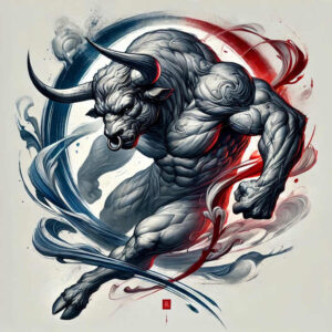 Minotaur figure in black and grey with blue and red swirls, nose ring, circular backdrop, and red seal; project idea; cover-up-ready.