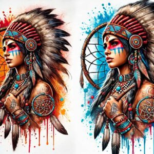 Two mirrored portraits of a woman wearing a feathered Native headdress with dreamcatchers, beads, and turquoise accents; color tattoo design; AI-generated project; not a cover-up.