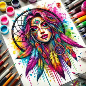 Colorful portrait of a woman with a dreamcatcher circle, rainbow feathers, and watercolor splashes; full color; project concept; pattern; cover-up suitability: yes