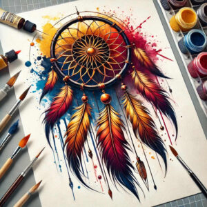 Dreamcatcher with multicolor web and vibrant feather motifs, paint splashes and brushes visible; project; cover-up: no.