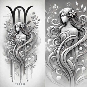 Two grayscale tattoo designs featuring a Virgo-inspired woman with long, flowing hair and floral accents; black and grey; AI-generated tattoo project; suitable for cover-up.