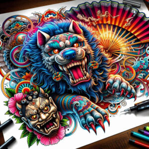 Colorful full color tattoo project: wolf, oni mask, fan, flower, leaves, markers; project idea; not suitable for cover-up.