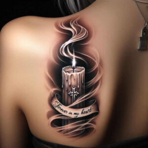 Back tattoo in black and grey: candle, cross on the candle, ribbon with 'Forever in my heart', and curling smoke; AI-generated tattoo project, suitable for a cover-up.