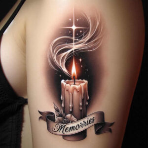 Candle with melting wax, flowing wisps, star sparks, and a ribbon banner reading 'Memories' in black and grey; tattoo project; cover-up-ready.