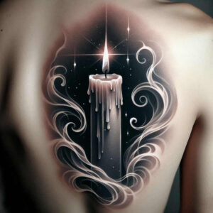 Candle, wax drips, wispy swirls, and star specks; black and grey shading; AI-generated tattoo project; cover-up suitable.