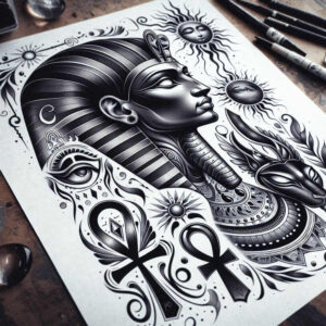 A black and grey tattoo design concept of Sobek's crocodile head in profile wearing a striped nemes, with Eye of Horus, ankh, sun symbols and serpentine accents, ready as a project concept.