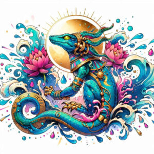 Colorful Sobek-inspired crocodile tattoo with sun halo and lotus flowers; color illustration concept design, not a finished piece; not intended as cover-up.