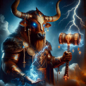 Color tattoo design of a horned demon warrior holding a hammer, with blue lightning against a dark backdrop; a bold concept for ink.