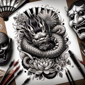 Dragon, lotus, mask, fan, and pencil visible in black and grey; AI-generated tattoo project; cover-up-ready.