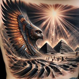 Black and grey Horus-inspired falcon with outstretched wings, sunburst, and pyramids against a dark sky; project idea, perfect for cover-up.