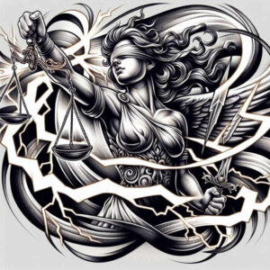 Black and grey Themis-inspired justice goddess tattoo design concept featuring a regal female figure with flowing hair and scales; project idea suitable for cover-up.