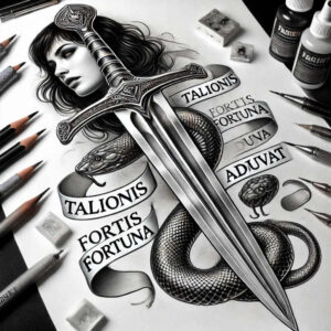 Grayscale tattoo scene featuring a woman's face, central sword, coiled snake, flowing ribbon with Latin motto, pencils, ink bottles, and erasers; black and grey, tattoo project for cover-up.