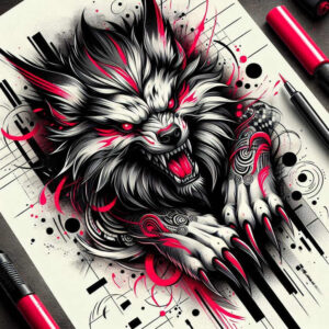 Wolf head in black and grey with red accents, snarling paw, marker nearby, geometric lines and ink splatters; AI-generated tattoo project; cover-up suitable.