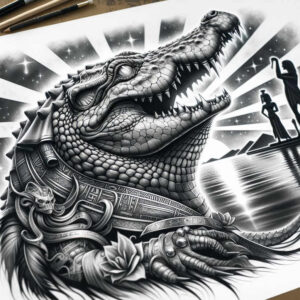 Black and grey Sobek-inspired crocodile tattoo in Egyptian armor; concept design, AI-generated, ideal for cover-up.